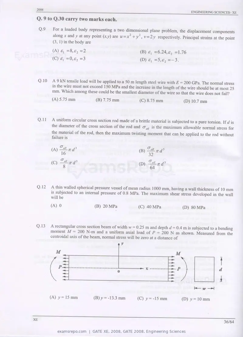 GATE XE 2008 question paper, GATE 2008, Engineering Sciences, page 36 of 60