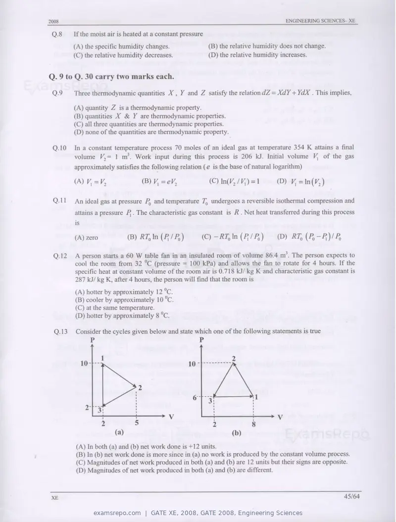 GATE XE 2008 question paper, GATE 2008, Engineering Sciences, page 45 of 60
