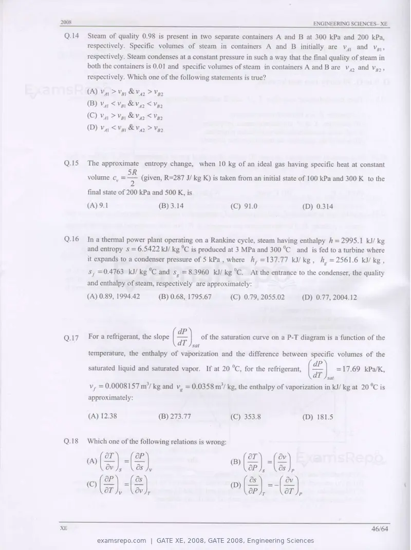 GATE XE 2008 question paper, GATE 2008, Engineering Sciences, page 46 of 60