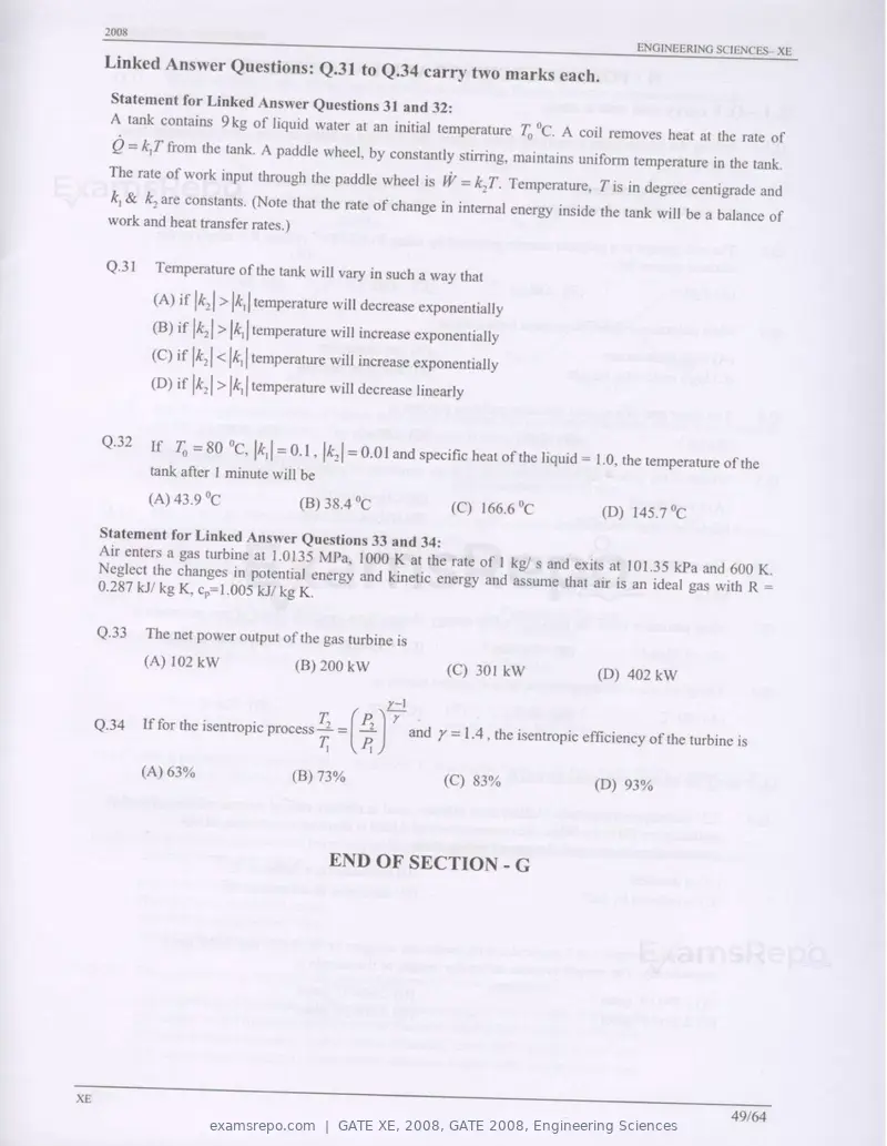 GATE XE 2008 question paper, GATE 2008, Engineering Sciences, page 49 of 60