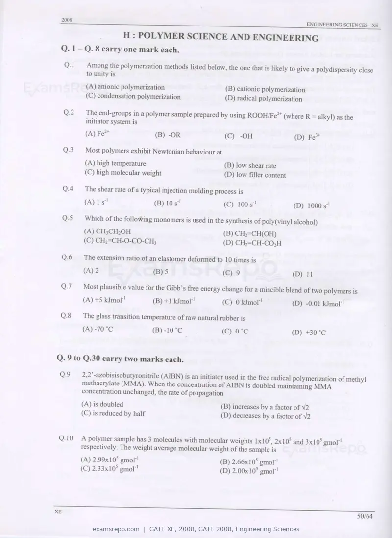 GATE XE 2008 question paper, GATE 2008, Engineering Sciences, page 50 of 60