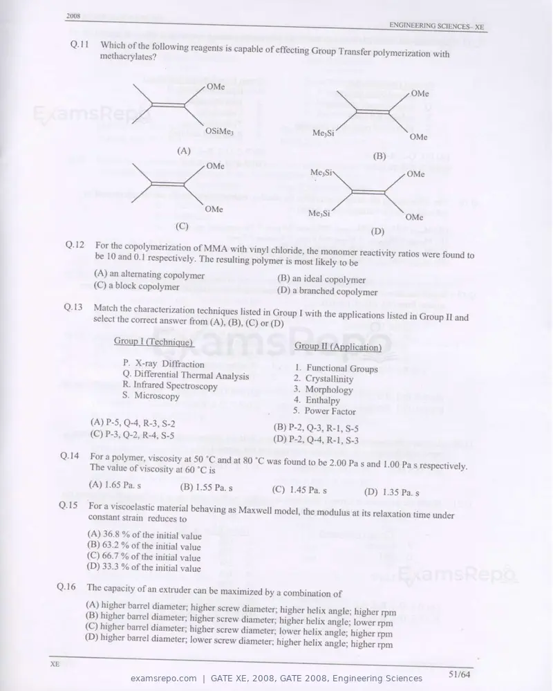 GATE XE 2008 question paper, GATE 2008, Engineering Sciences, page 51 of 60