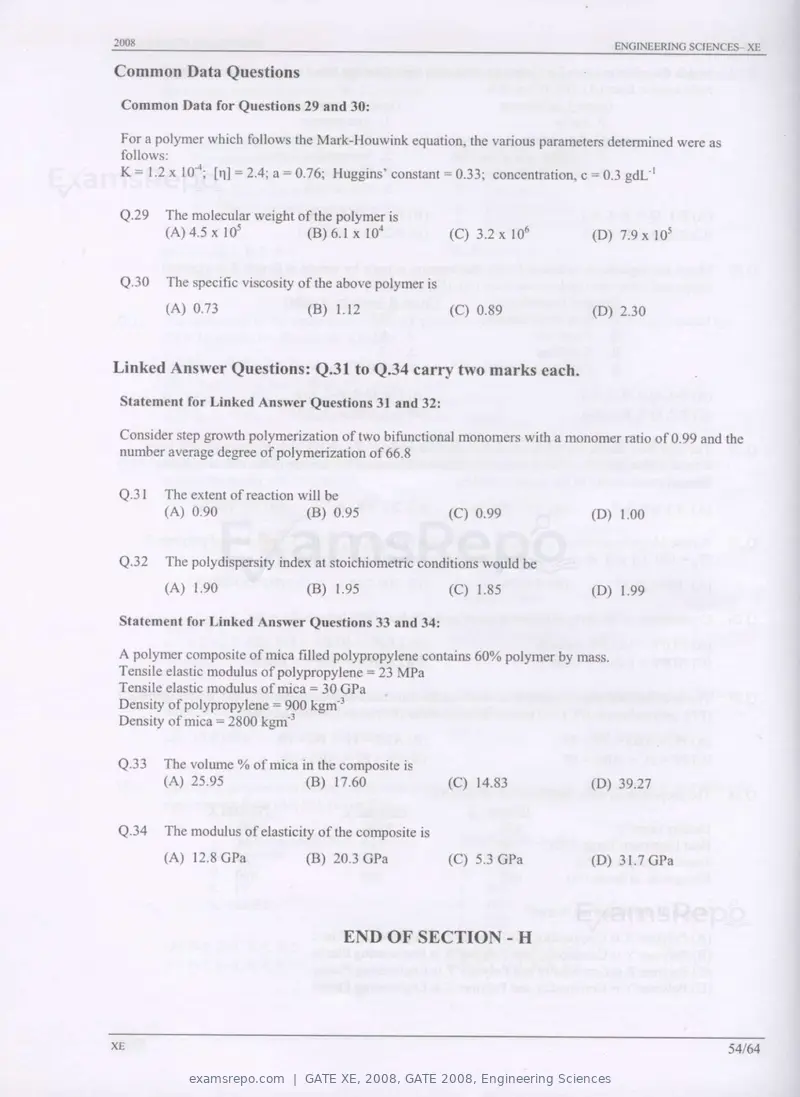 GATE XE 2008 question paper, GATE 2008, Engineering Sciences, page 54 of 60