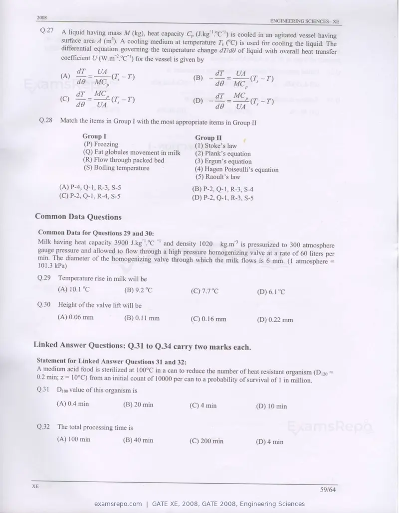 GATE XE 2008 question paper, GATE 2008, Engineering Sciences, page 59 of 60