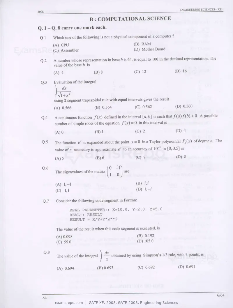 GATE XE 2008 question paper, GATE 2008, Engineering Sciences, page 6 of 60