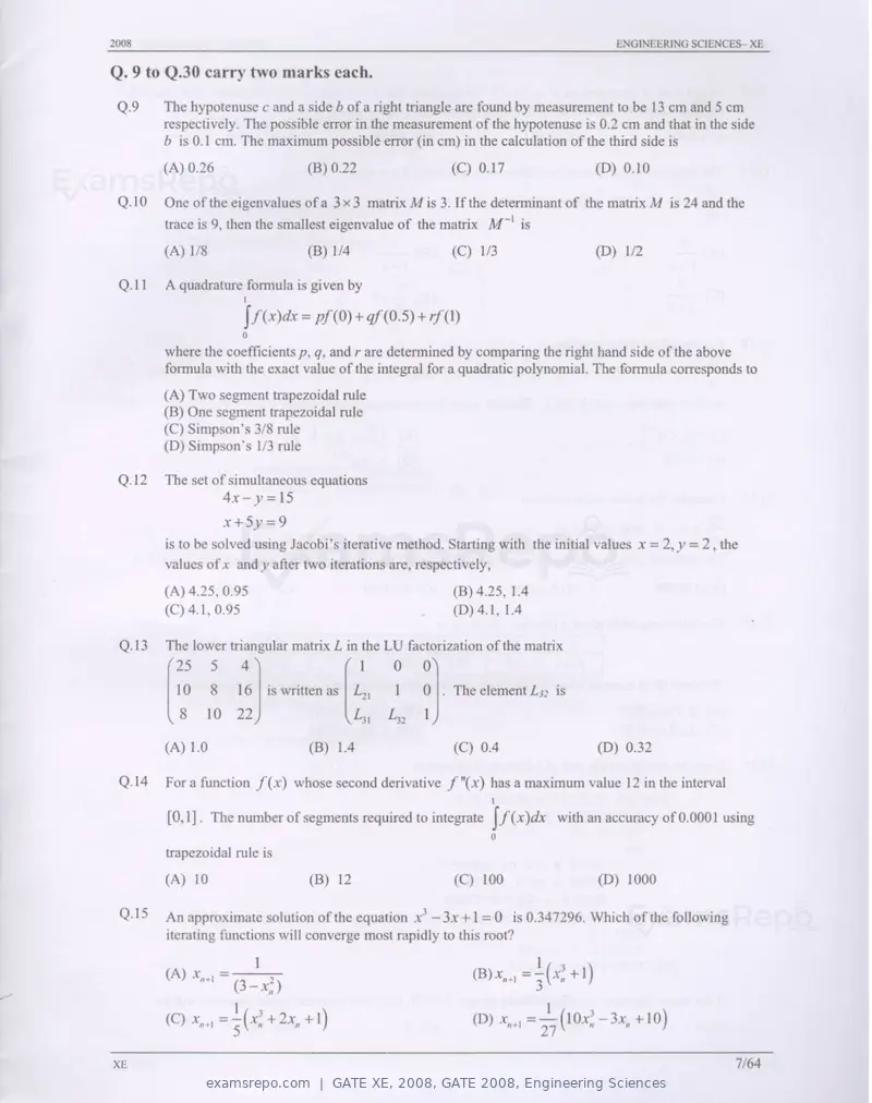 GATE XE 2008 question paper, GATE 2008, Engineering Sciences, page 7 of 60