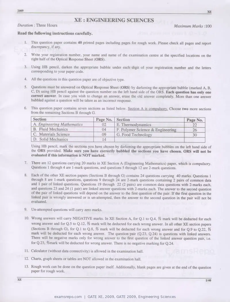 GATE XE 2009 question paper, GATE 2009, Engineering Sciences, page 1 of 33