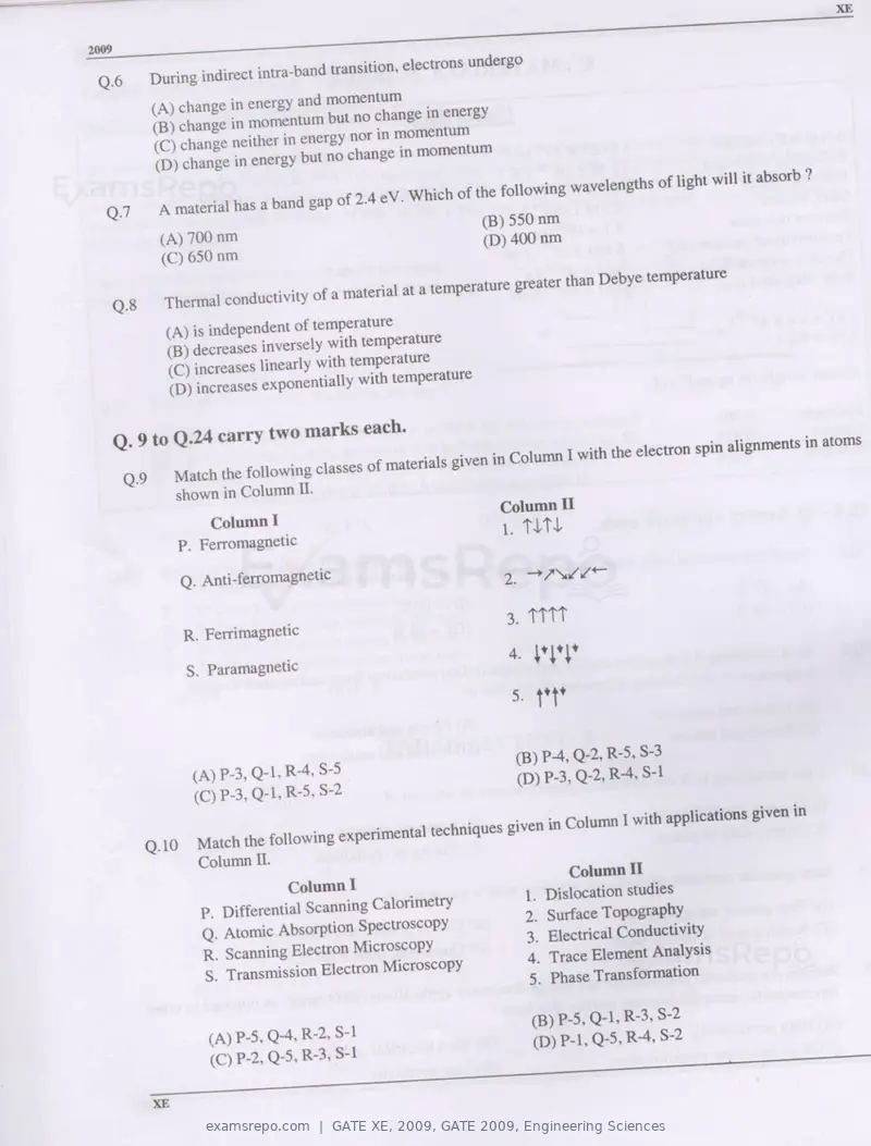 GATE XE 2009 question paper, GATE 2009, Engineering Sciences, page 10 of 33