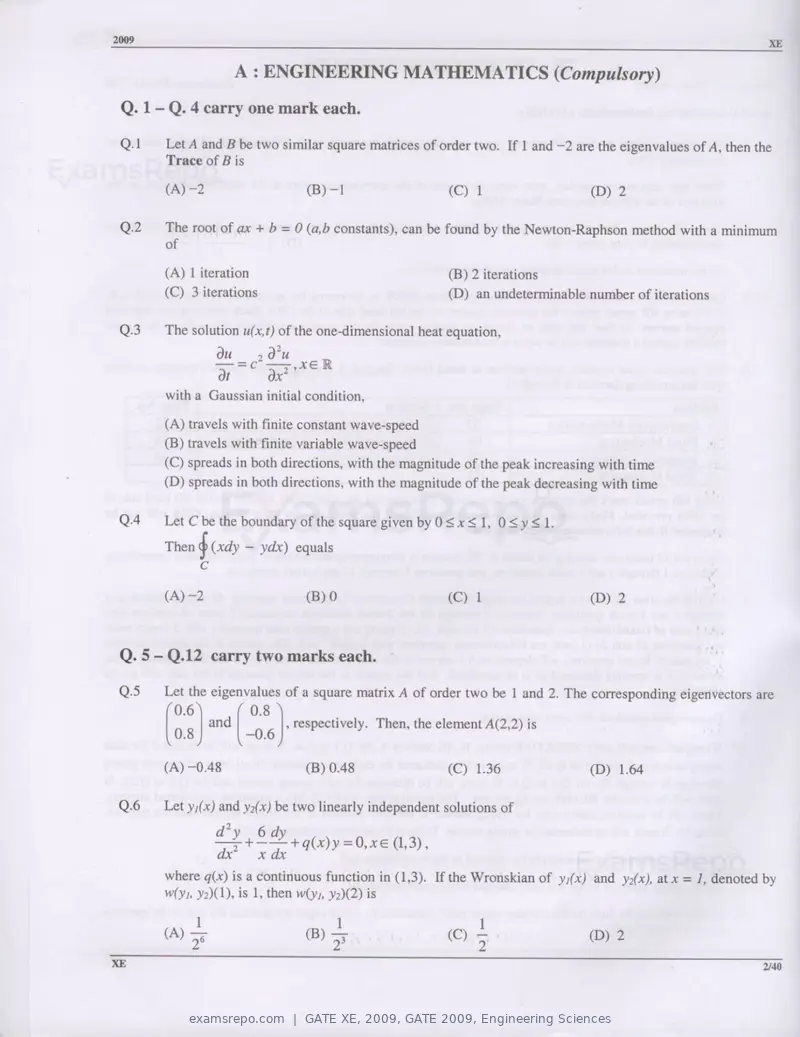 GATE XE 2009 question paper, GATE 2009, Engineering Sciences, page 2 of 33