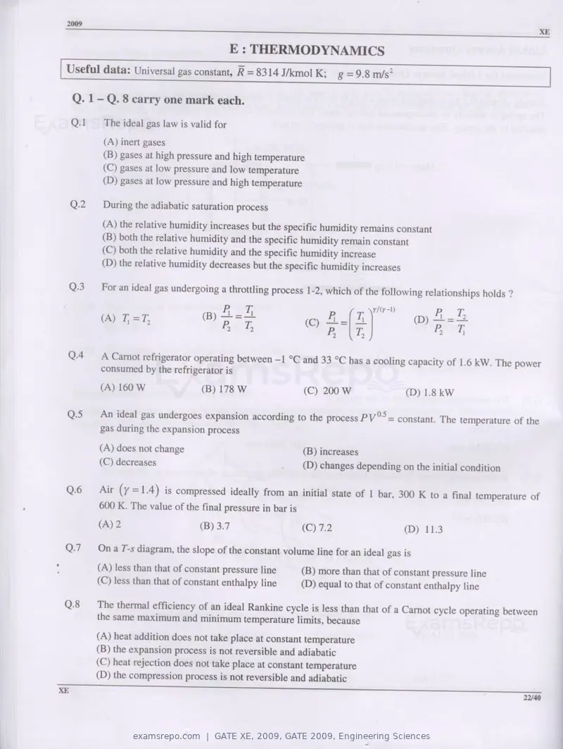 GATE XE 2009 question paper, GATE 2009, Engineering Sciences, page 22 of 33