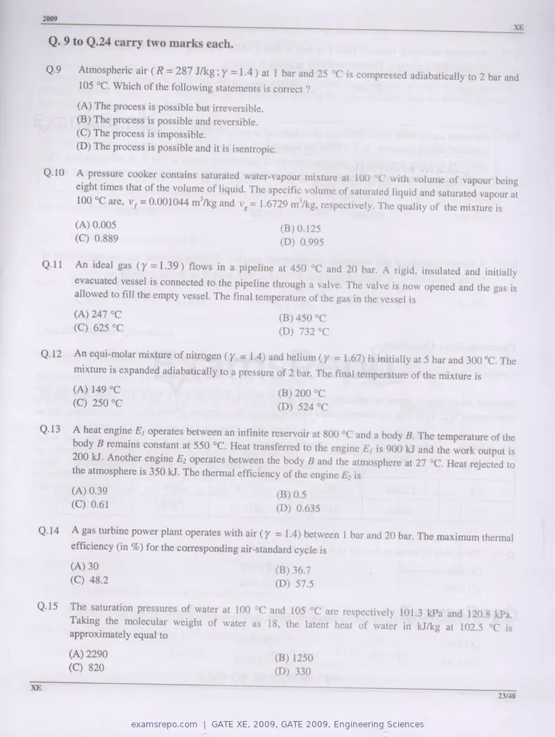 GATE XE 2009 question paper, GATE 2009, Engineering Sciences, page 23 of 33