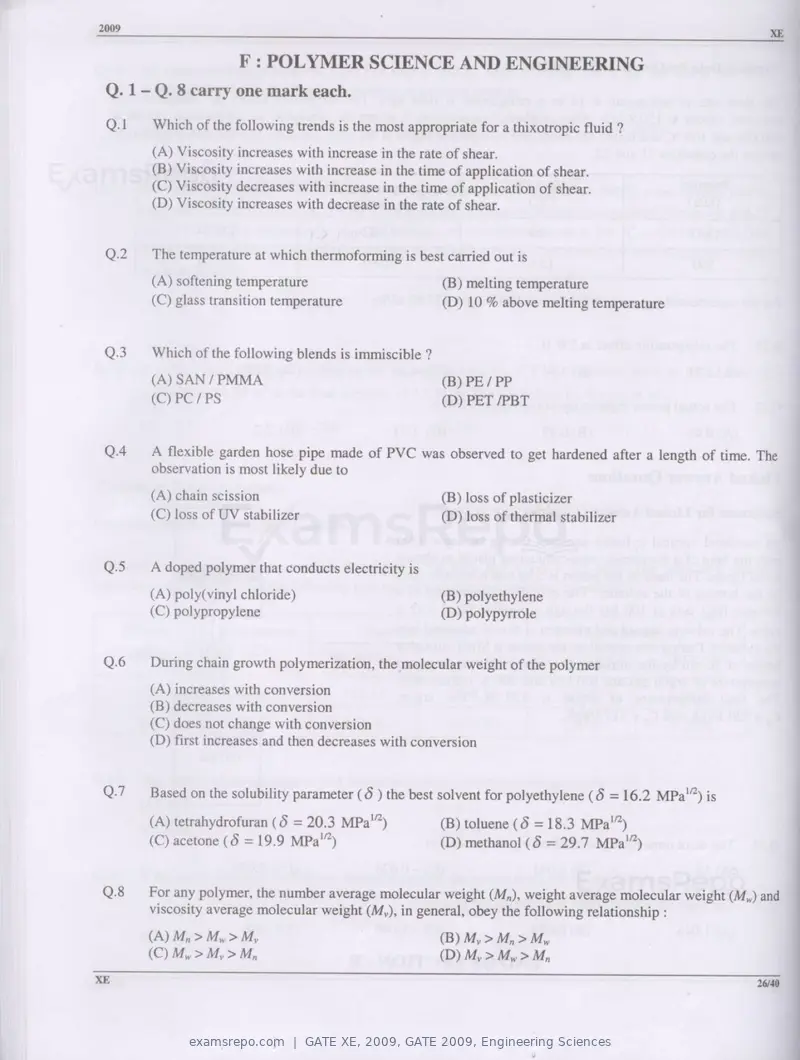 GATE XE 2009 question paper, GATE 2009, Engineering Sciences, page 26 of 33