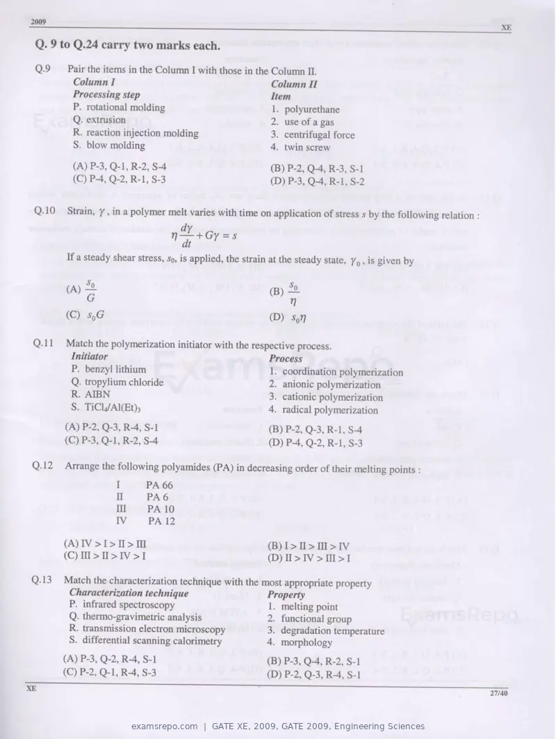 GATE XE 2009 question paper, GATE 2009, Engineering Sciences, page 27 of 33