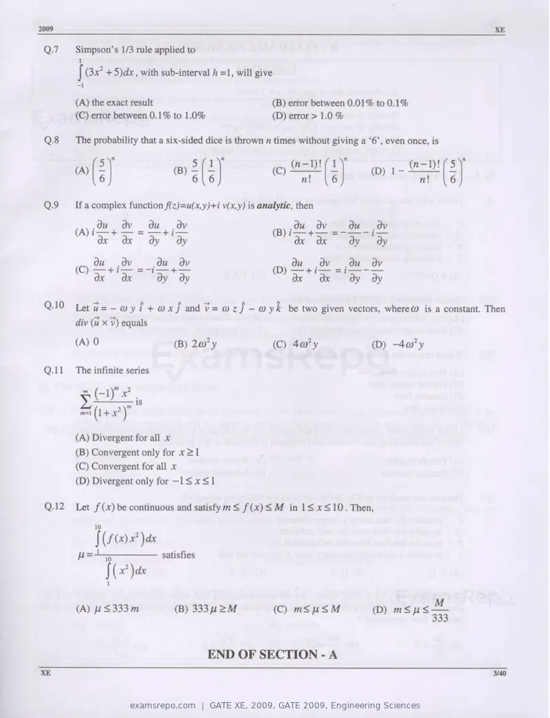 GATE XE 2009 question paper, GATE 2009, Engineering Sciences, page 3 of 33