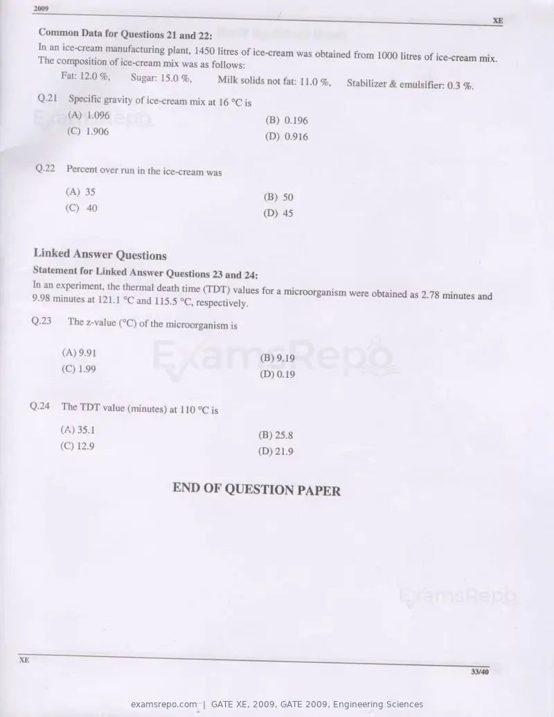 GATE XE 2009 question paper, GATE 2009, Engineering Sciences, page 33 of 33