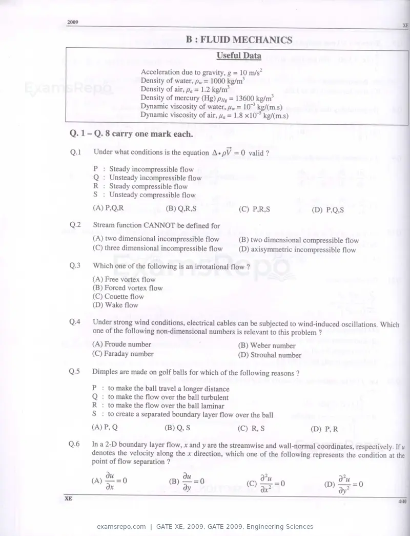 GATE XE 2009 question paper, GATE 2009, Engineering Sciences, page 4 of 33