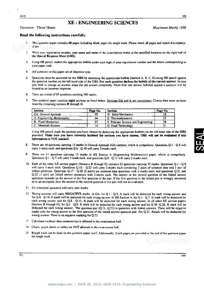 GATE XE 2010 question paper, GATE 2010, Engineering Sciences, page 1 of 40