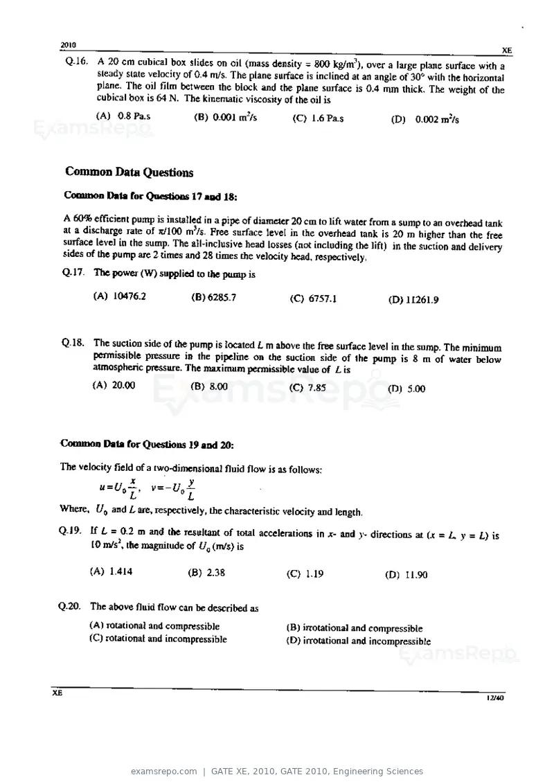 GATE XE 2010 question paper, GATE 2010, Engineering Sciences, page 12 of 40