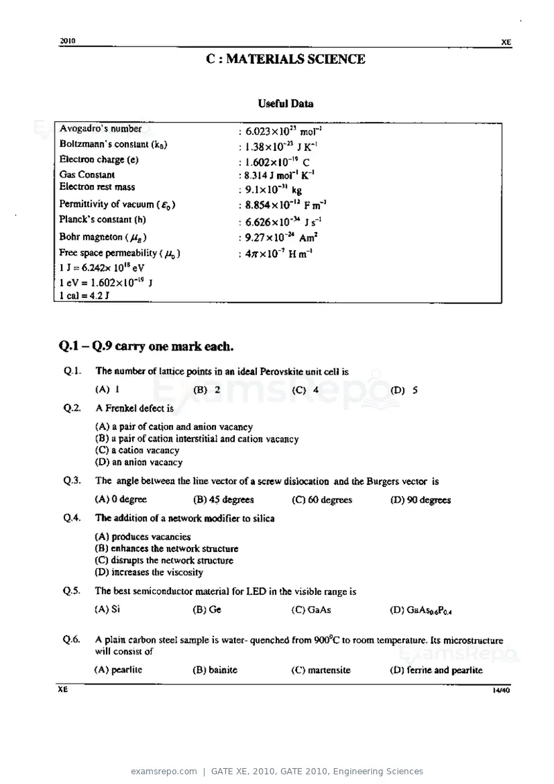 GATE XE 2010 question paper, GATE 2010, Engineering Sciences, page 14 of 40