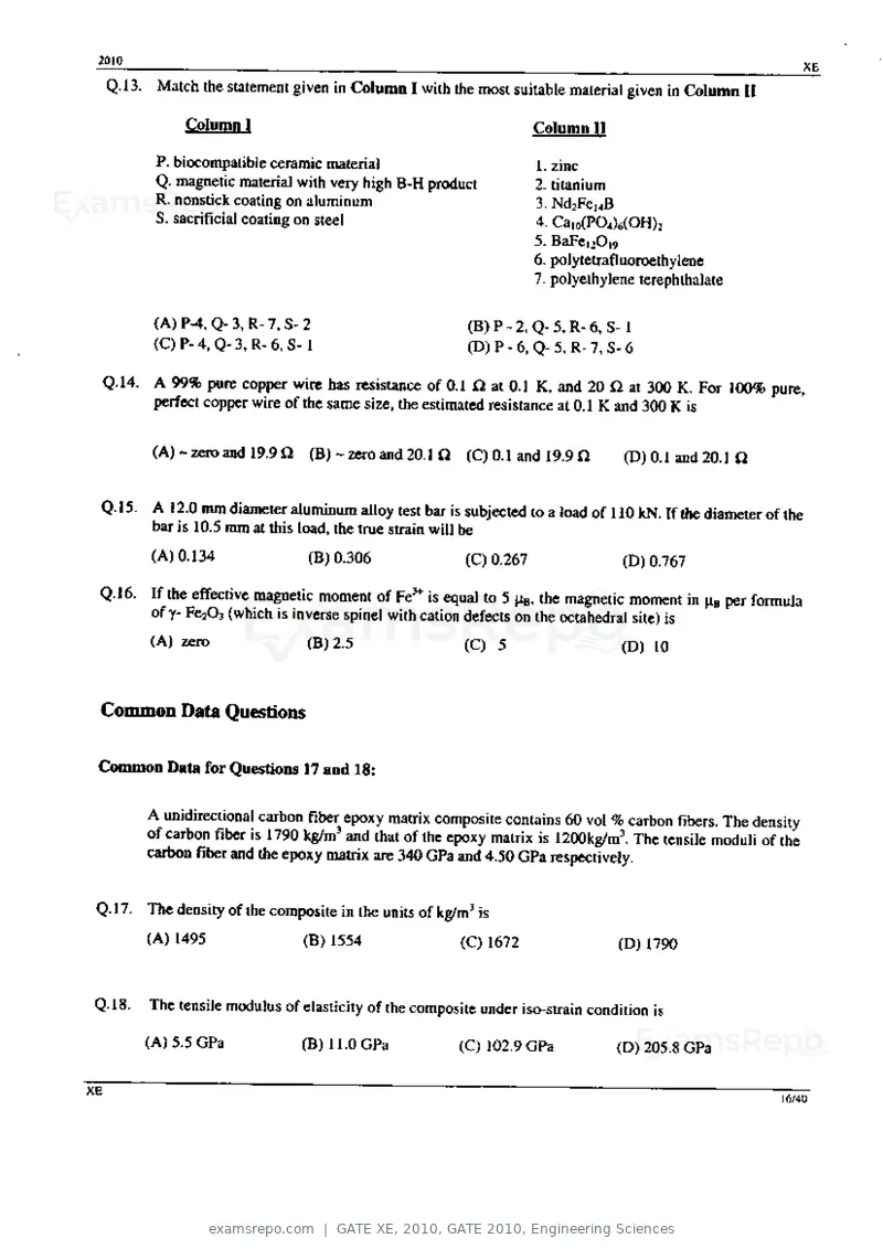 GATE XE 2010 question paper, GATE 2010, Engineering Sciences, page 16 of 40