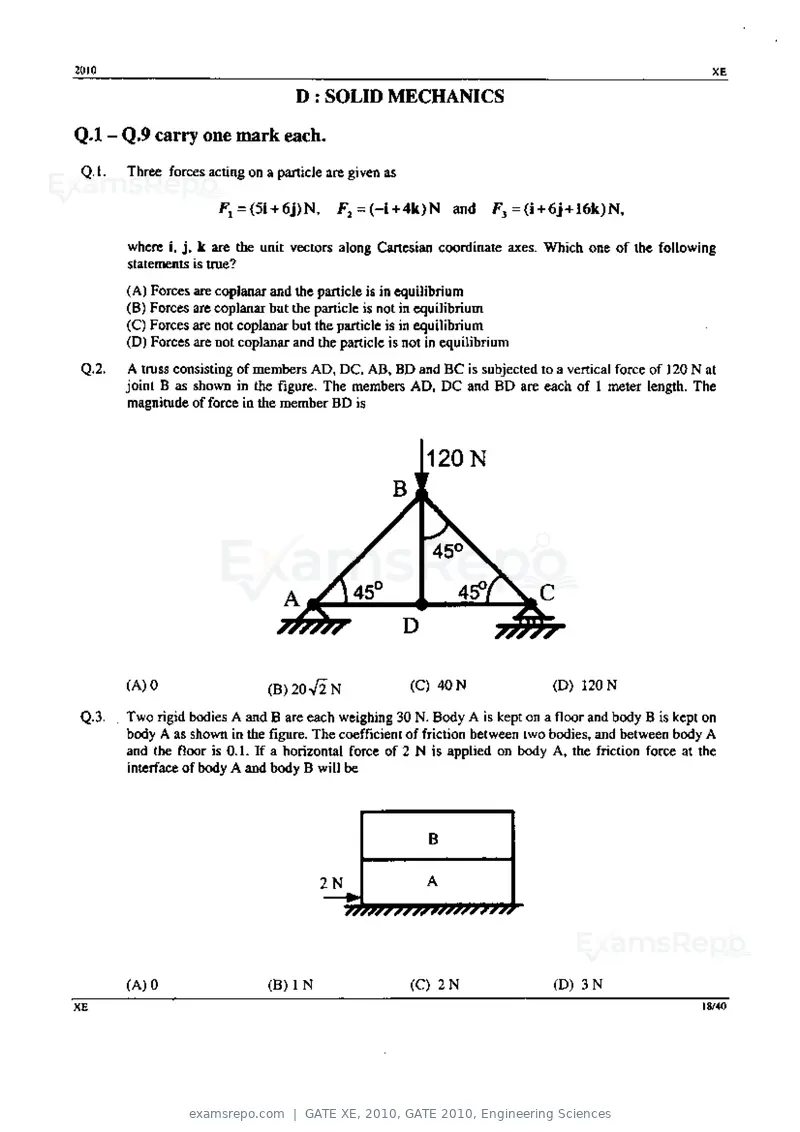 GATE XE 2010 question paper, GATE 2010, Engineering Sciences, page 18 of 40