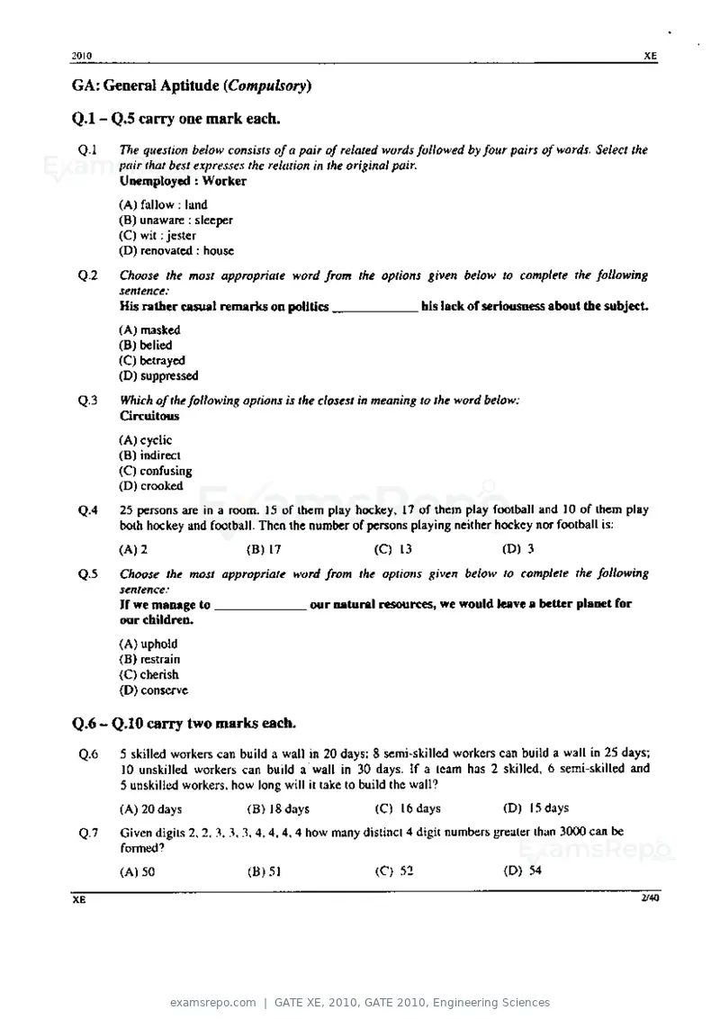 GATE XE 2010 question paper, GATE 2010, Engineering Sciences, page 2 of 40