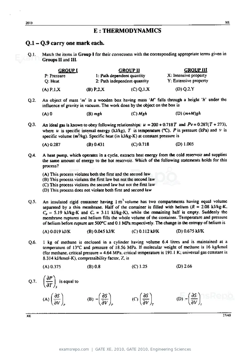 GATE XE 2010 question paper, GATE 2010, Engineering Sciences, page 23 of 40