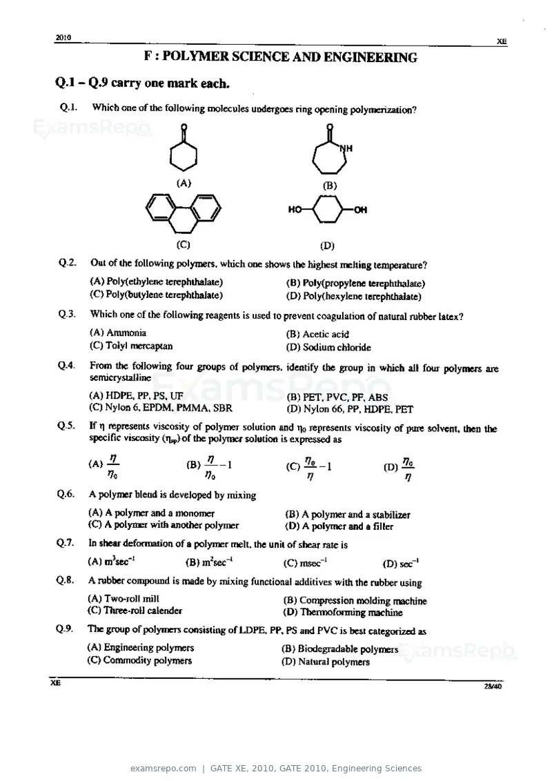 GATE XE 2010 question paper, GATE 2010, Engineering Sciences, page 28 of 40