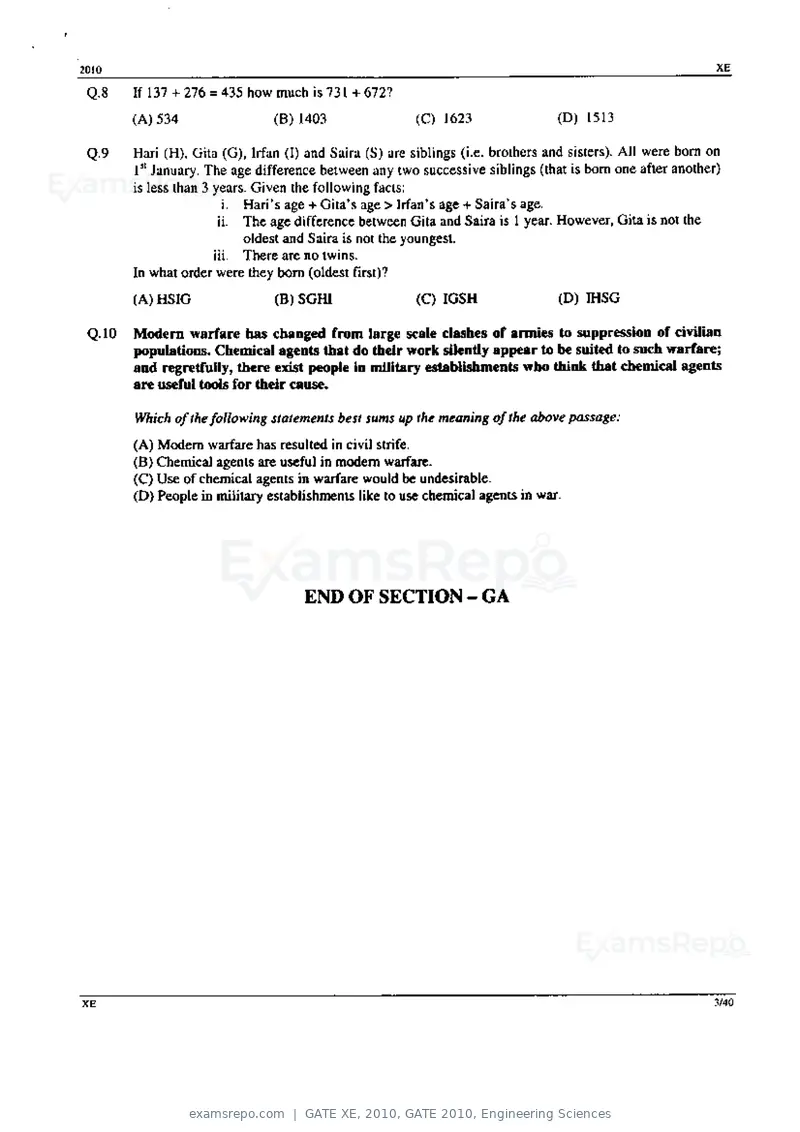 GATE XE 2010 question paper, GATE 2010, Engineering Sciences, page 3 of 40