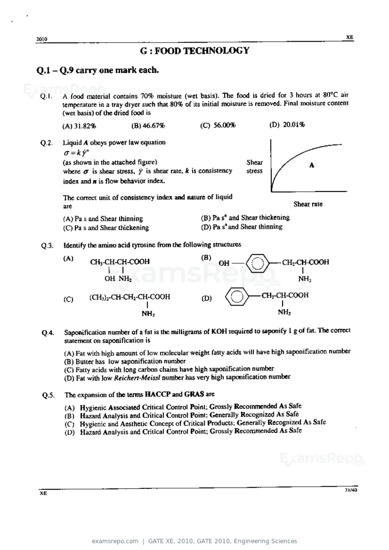 GATE XE 2010 question paper, GATE 2010, Engineering Sciences, page 31 of 40