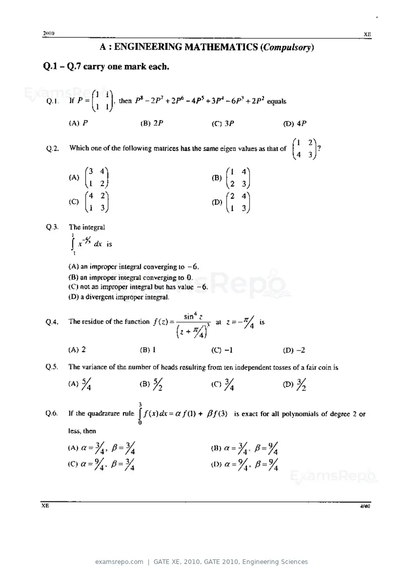 GATE XE 2010 question paper, GATE 2010, Engineering Sciences, page 4 of 40