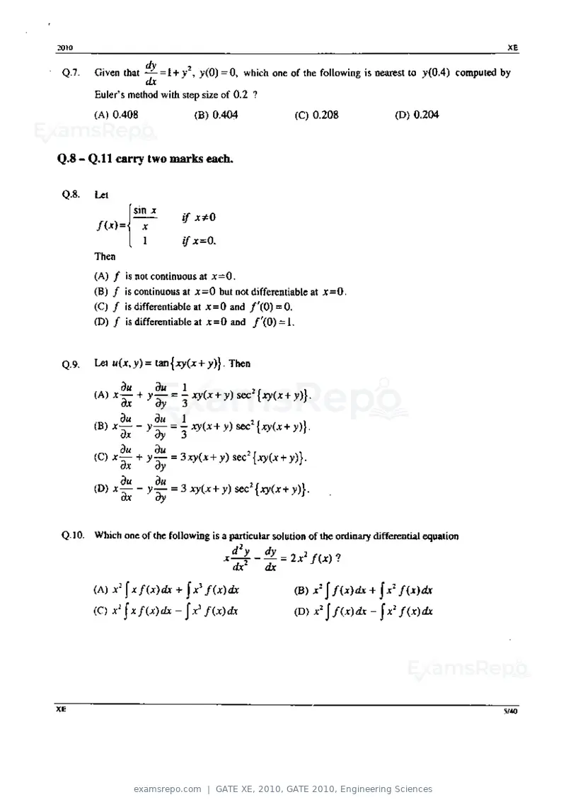 GATE XE 2010 question paper, GATE 2010, Engineering Sciences, page 5 of 40