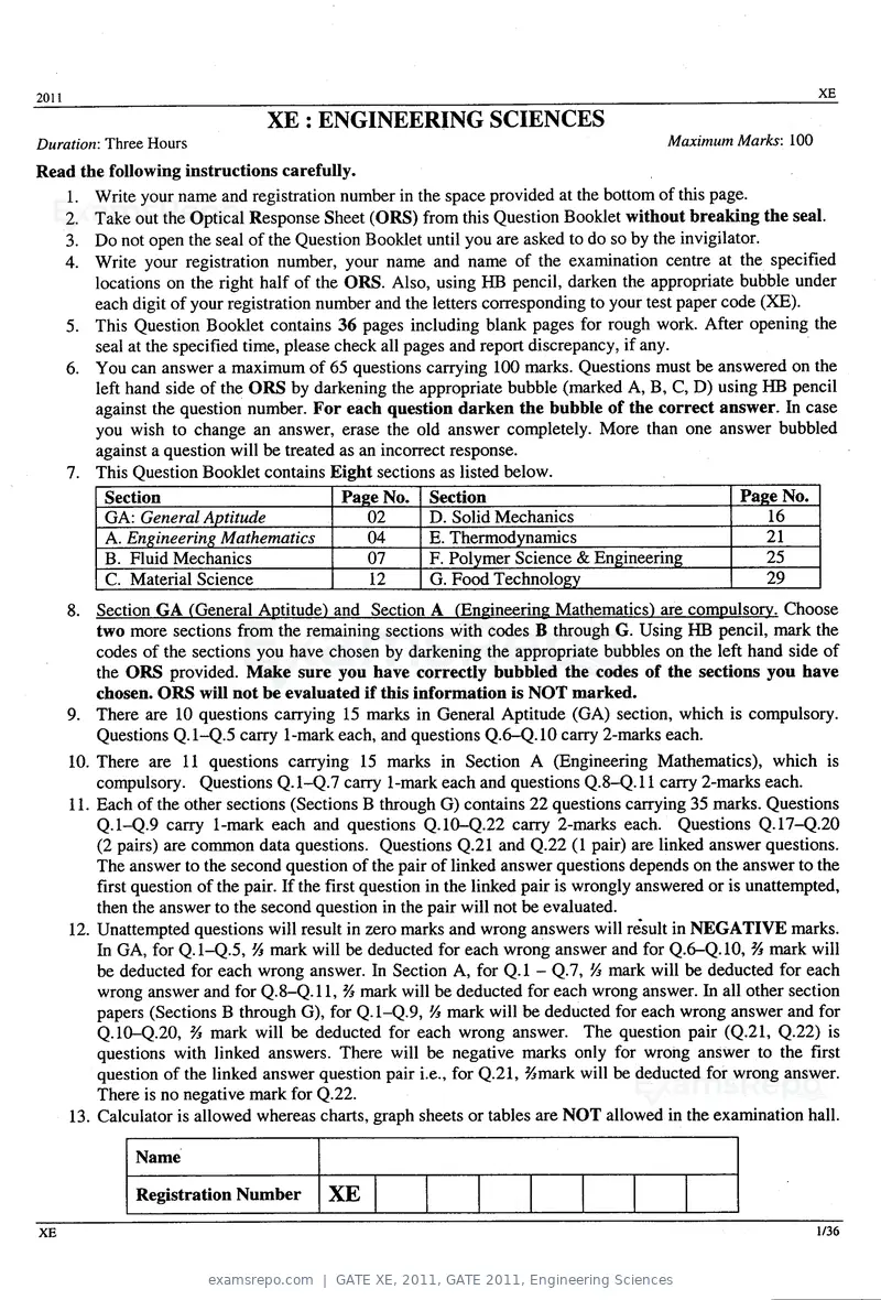 GATE XE 2011 question paper, GATE 2011, Engineering Sciences, page 1 of 32