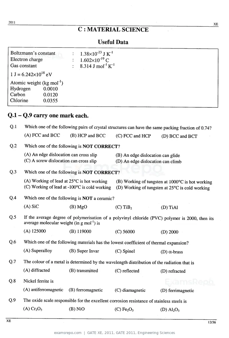 GATE XE 2011 question paper, GATE 2011, Engineering Sciences, page 12 of 32
