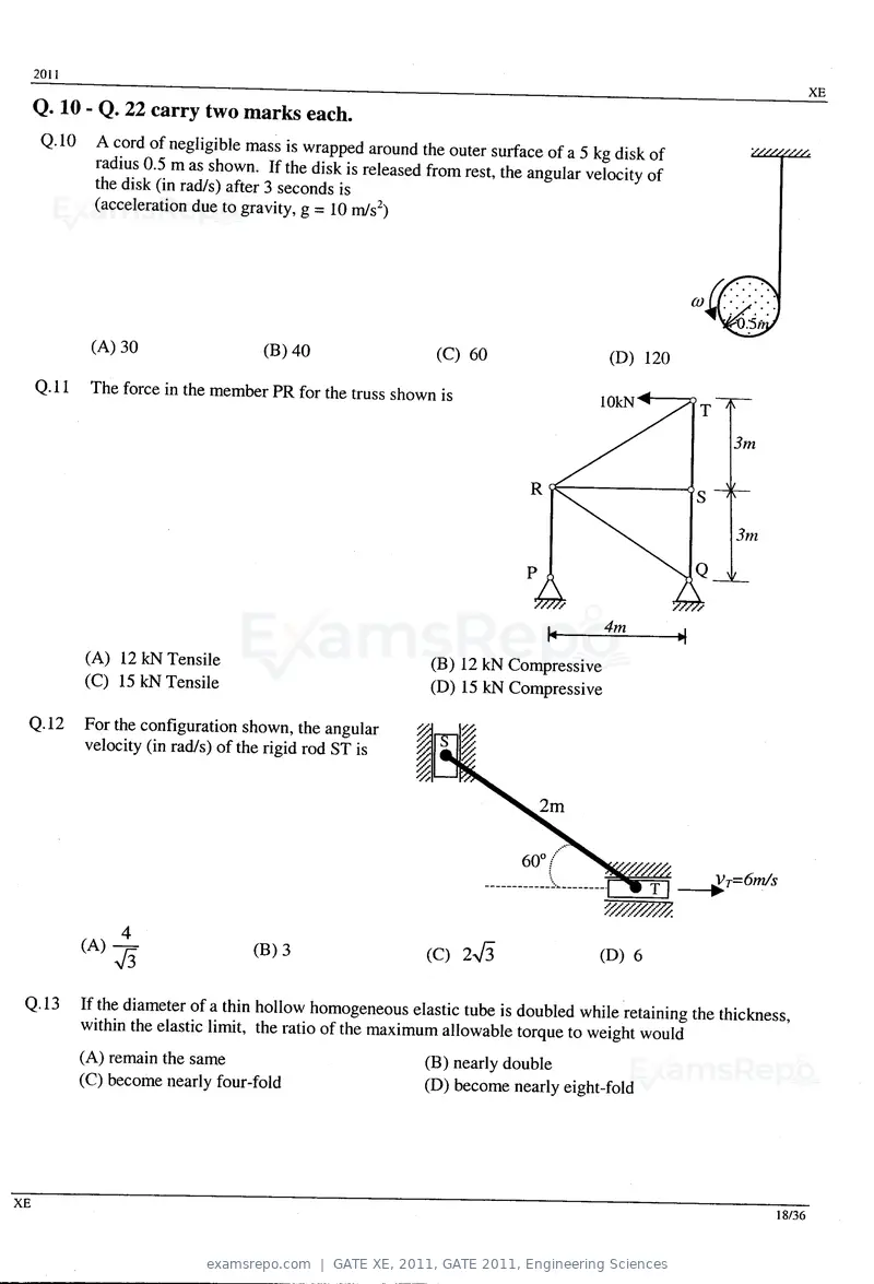 GATE XE 2011 question paper, GATE 2011, Engineering Sciences, page 18 of 32