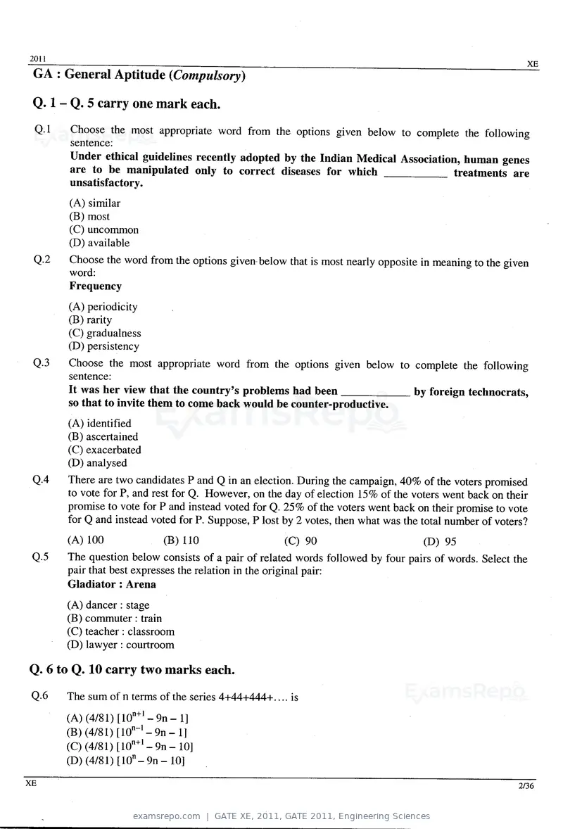 GATE XE 2011 question paper, GATE 2011, Engineering Sciences, page 2 of 32