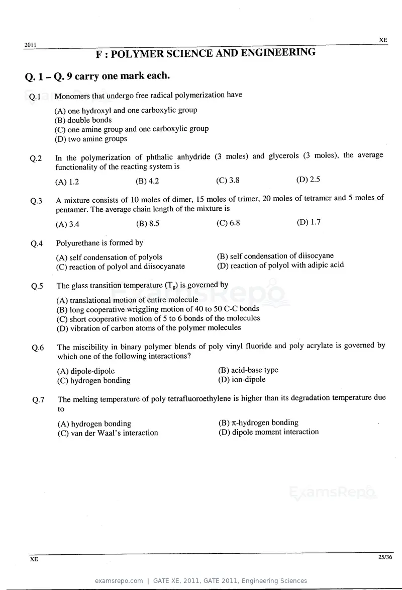 GATE XE 2011 question paper, GATE 2011, Engineering Sciences, page 25 of 32
