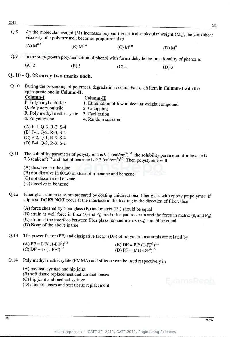 GATE XE 2011 question paper, GATE 2011, Engineering Sciences, page 26 of 32