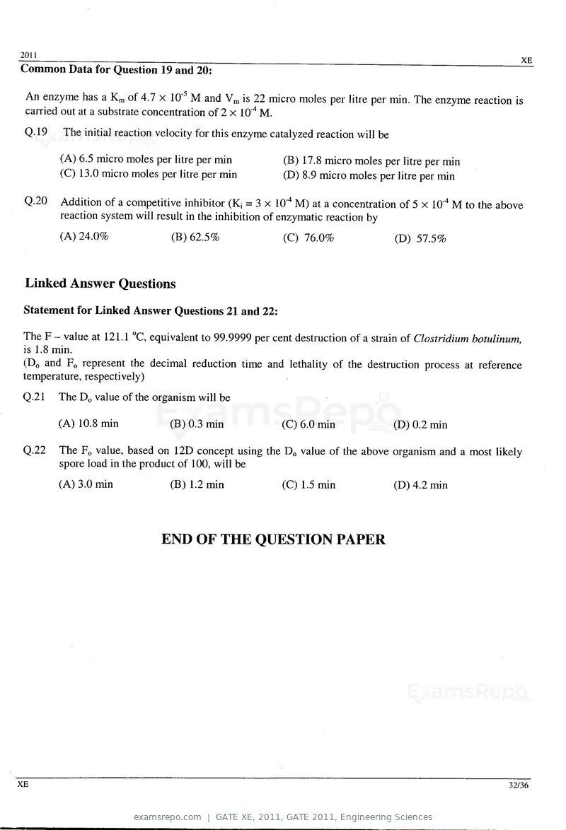 GATE XE 2011 question paper, GATE 2011, Engineering Sciences, page 32 of 32