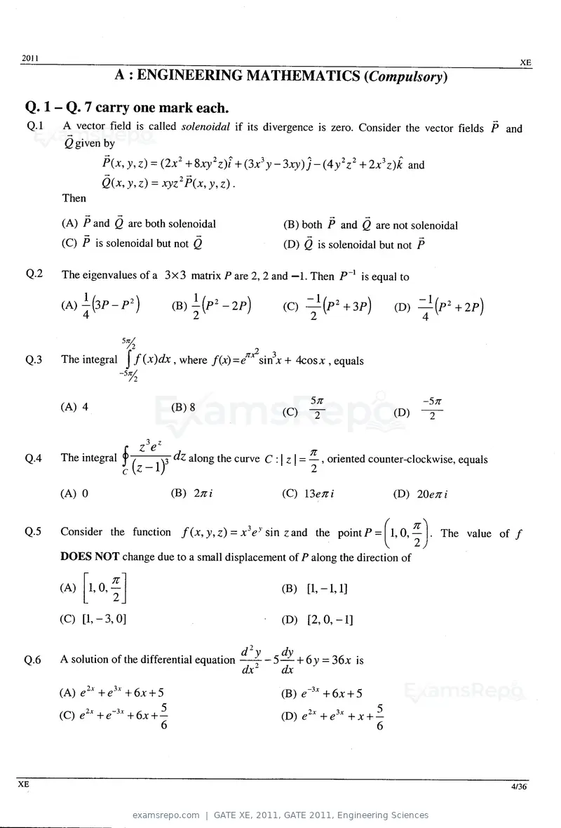 GATE XE 2011 question paper, GATE 2011, Engineering Sciences, page 4 of 32