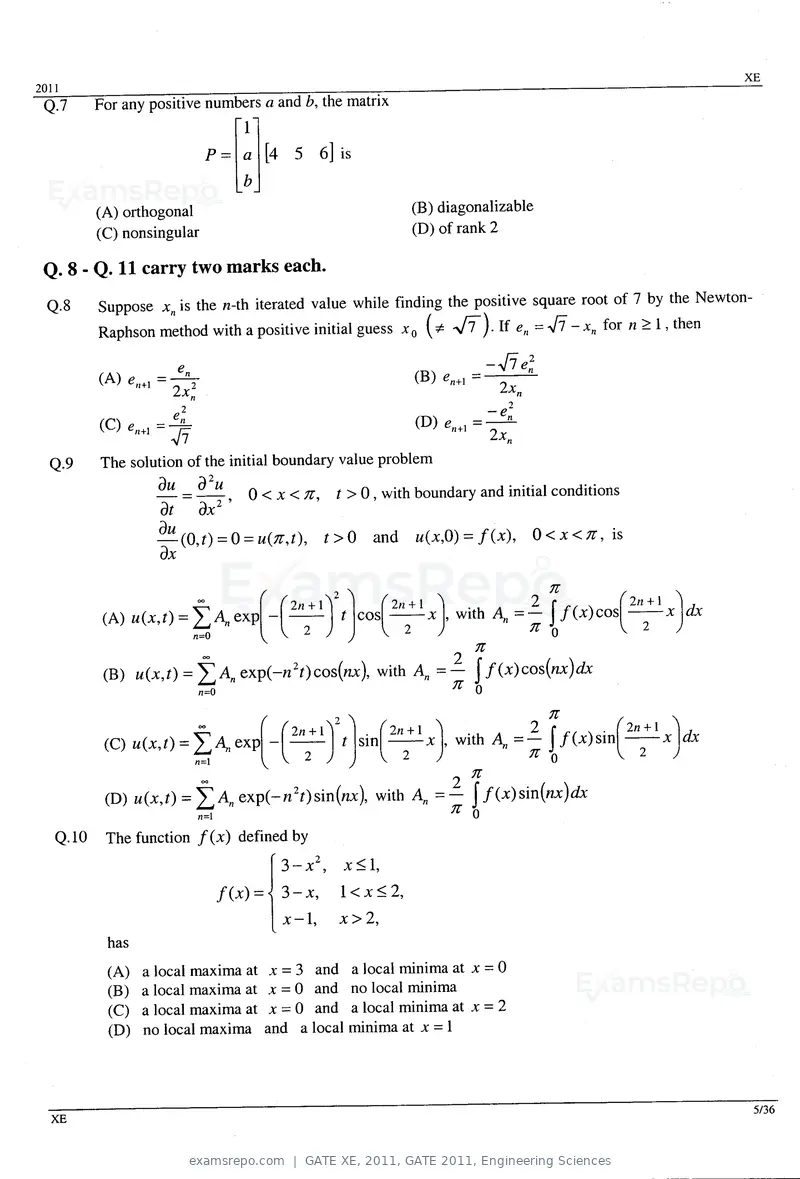 GATE XE 2011 question paper, GATE 2011, Engineering Sciences, page 5 of 32