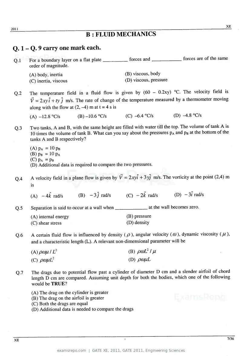 GATE XE 2011 question paper, GATE 2011, Engineering Sciences, page 7 of 32