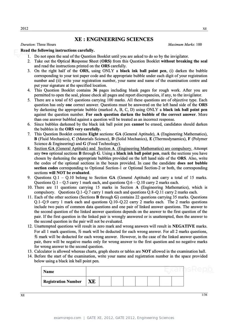 GATE XE 2012 question paper, GATE 2012, Engineering Sciences, page 1 of 33