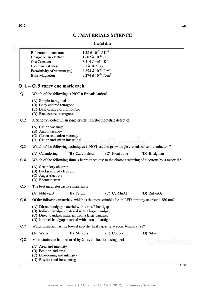 GATE XE 2012 question paper, GATE 2012, Engineering Sciences, page 11 of 33
