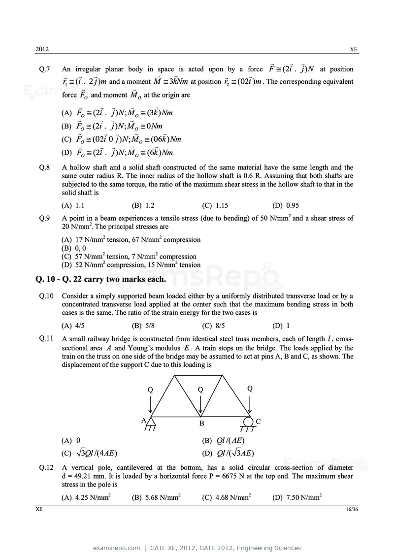 GATE XE 2012 question paper, GATE 2012, Engineering Sciences, page 16 of 33