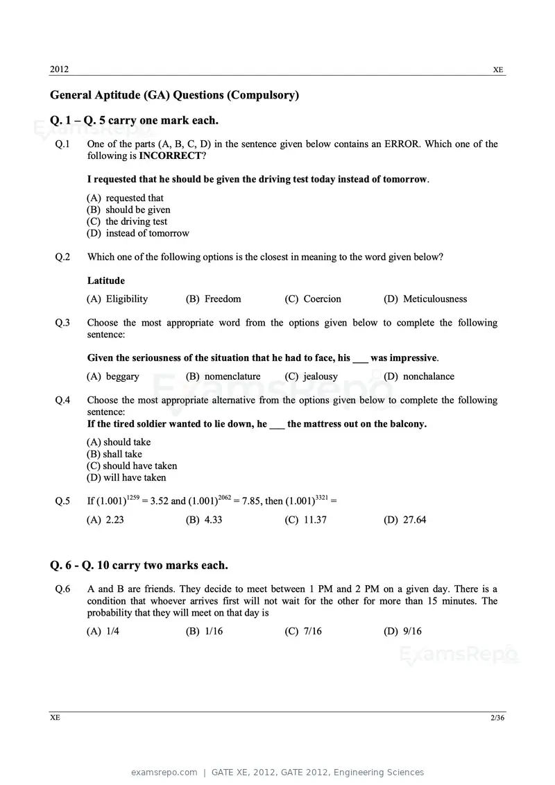 GATE XE 2012 question paper, GATE 2012, Engineering Sciences, page 2 of 33