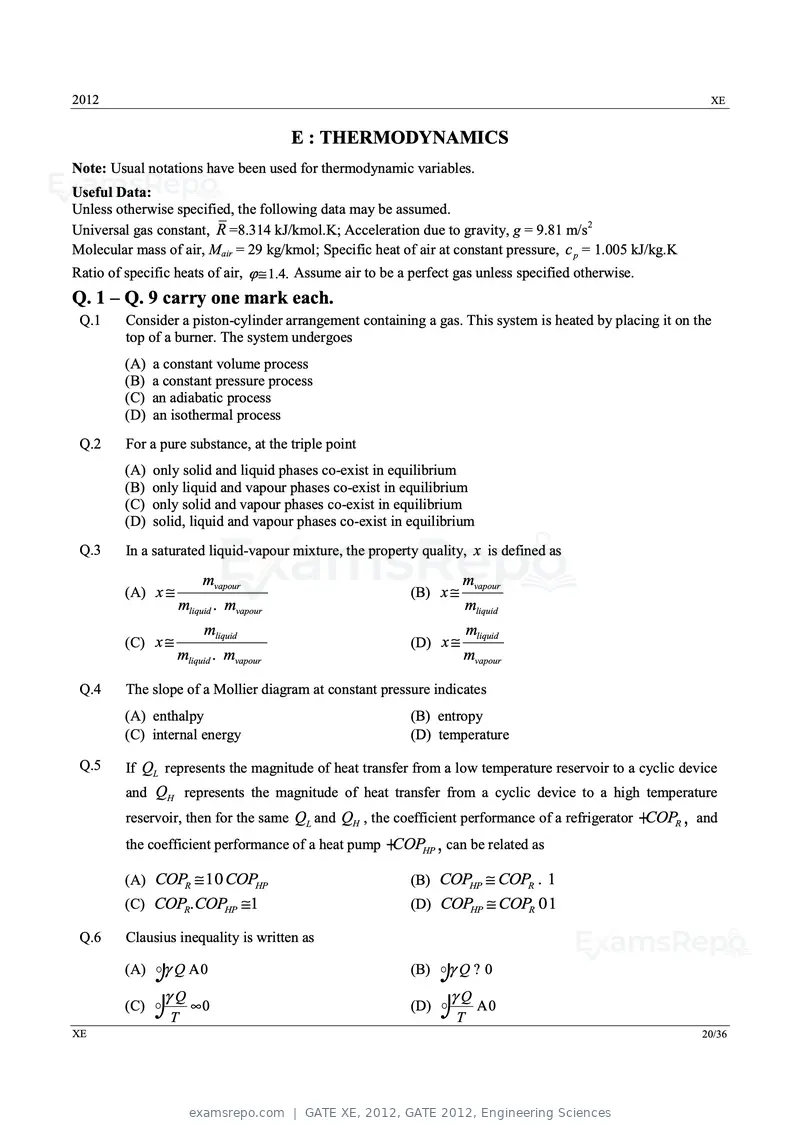 GATE XE 2012 question paper, GATE 2012, Engineering Sciences, page 20 of 33