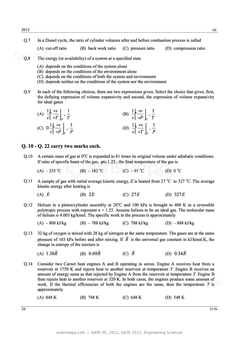 GATE XE 2012 question paper, GATE 2012, Engineering Sciences, page 21 of 33