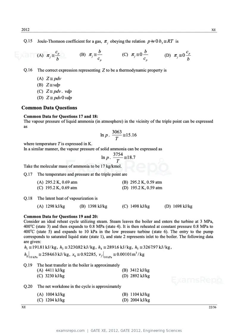 GATE XE 2012 question paper, GATE 2012, Engineering Sciences, page 22 of 33