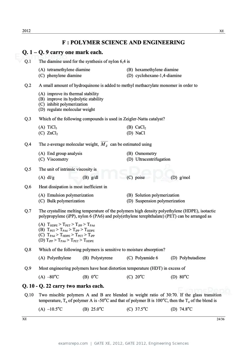GATE XE 2012 question paper, GATE 2012, Engineering Sciences, page 24 of 33
